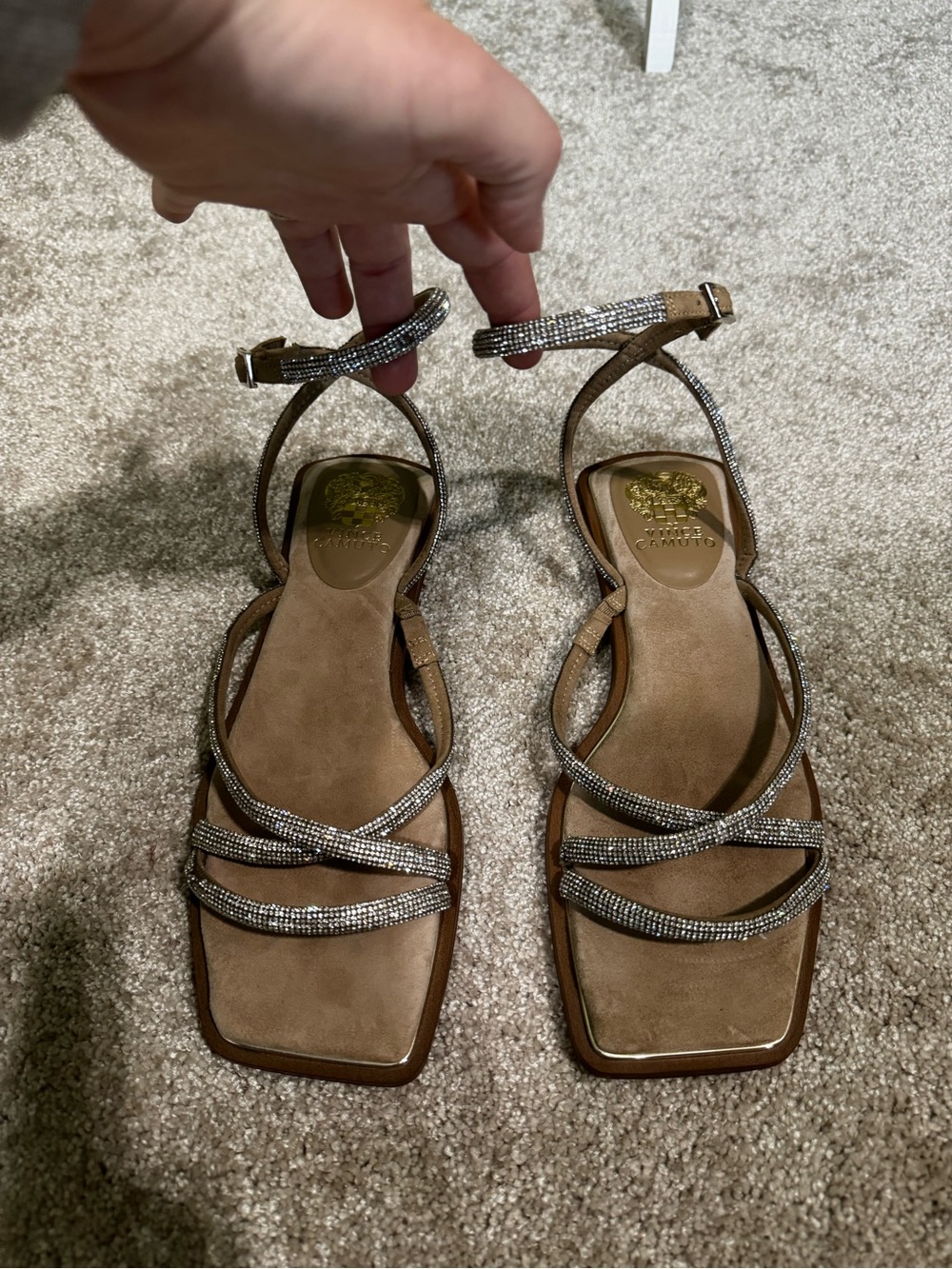 Vince Camuto Peshindal Tan Sandals with Rhinestone Straps
